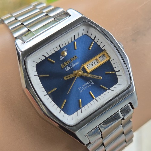 Orologio automatico uomo vintage ENICAR De Luxe giorno/data AR-2158 quadrante blu anni 70 - Foto 5 di 19