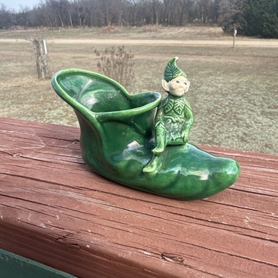 Treasure Craft Small Vase Green Pixie Elf Sprite on Shoe Vintage 1960s 5'' x 4''