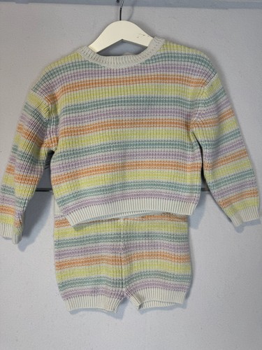 Girls Cotton Knit Shorts Sweater Set Crewneck Striped Neon Rebels Size 4-5Y - Picture 2 of 3