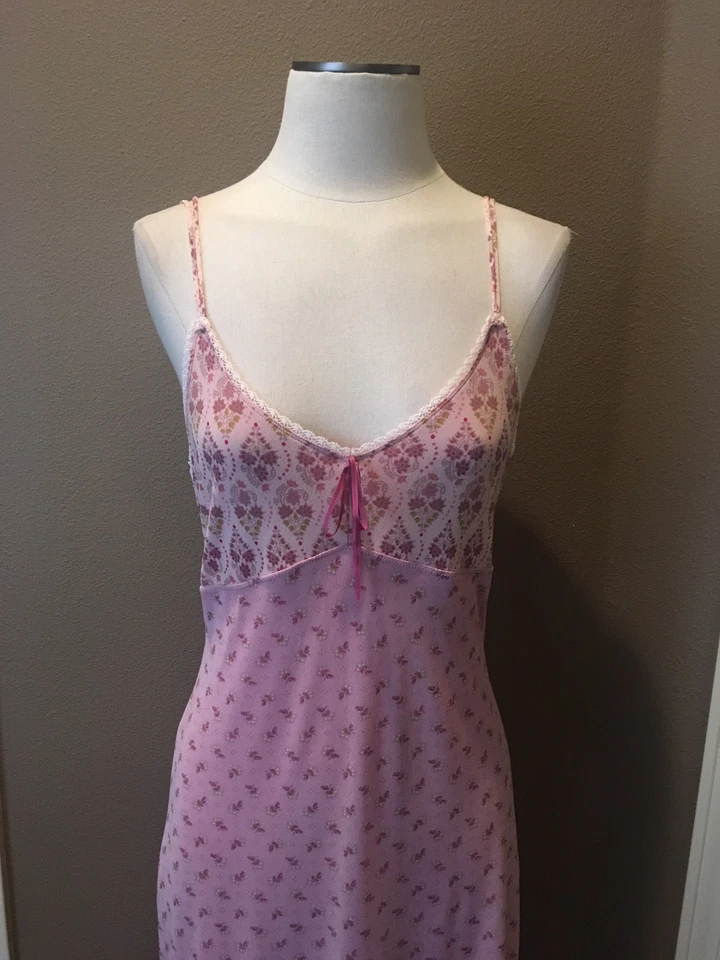 M Pink Scoop Neck Floral Print Babydoll Nighty Chemise W Spaghetti Straps - Image 2 of 4