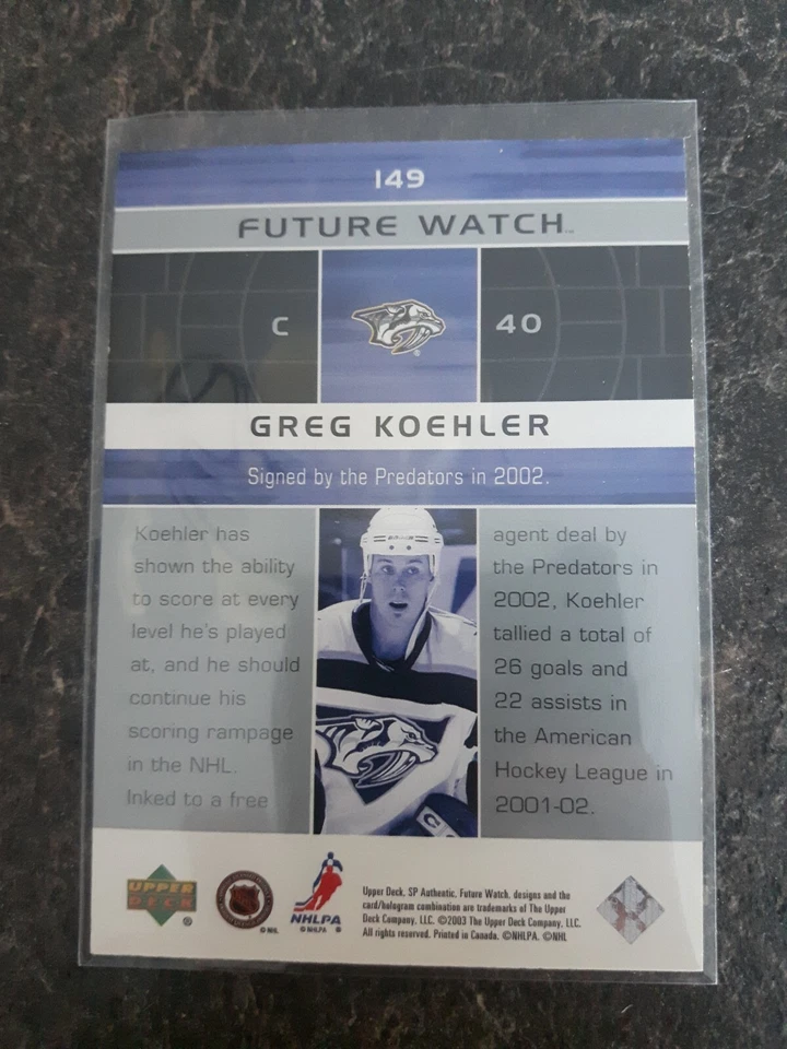 2002-03 Sp Authentic Future Watch Greg Koehler 514/900 Rookie RC Card# 149 - Image 2 of 2