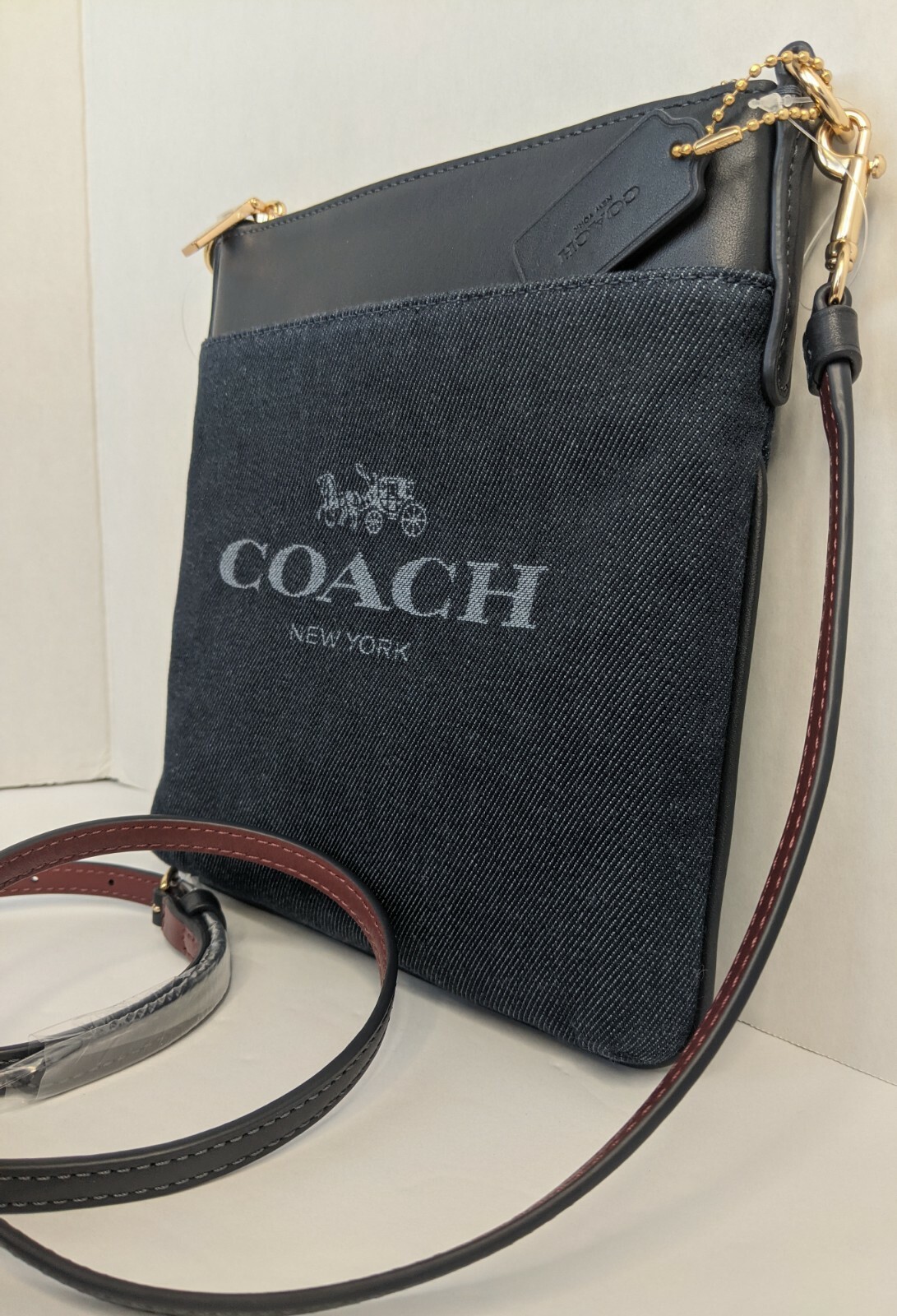 COACH Denim Jacquard Kitt Crossbody Messenger Bag Handbag Leather Navy