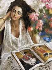 Original Oil By J. Michael Canvas Signed Girl Reading Magazine Floral Unframed