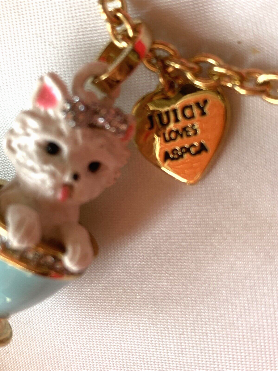 NWT Juicy Couture Teacup Yorkie Charm Necklace Gold Chain Dog Cup