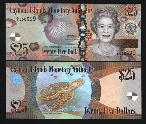 Cayman Islands 25 DOLLARS P-41 2010 Low Serial # UNC D/1 Queen Sea Turtle NOTE - Picture 3 of 6