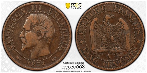 1854-A France "Napoleon III" Five-Centimes Bronze Coin PCGS VF30 - 第 1/3 張圖片