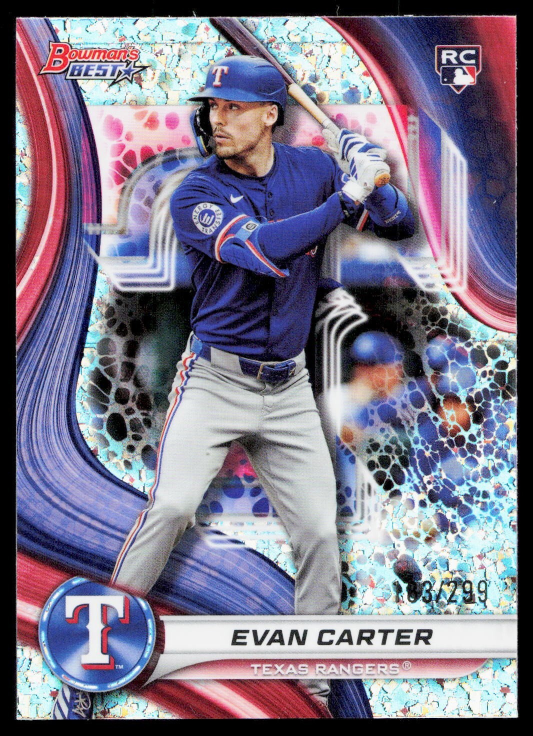 2024 Bowman’s Best Evan Carter  #66 RC Mini Diamond Refractor /299 Rangers