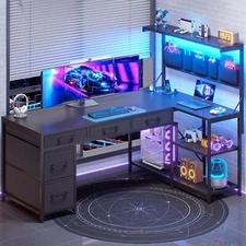 Corner Computer Desk, Reversible L Shaped office Desk with 5 Drawers &LED Lights