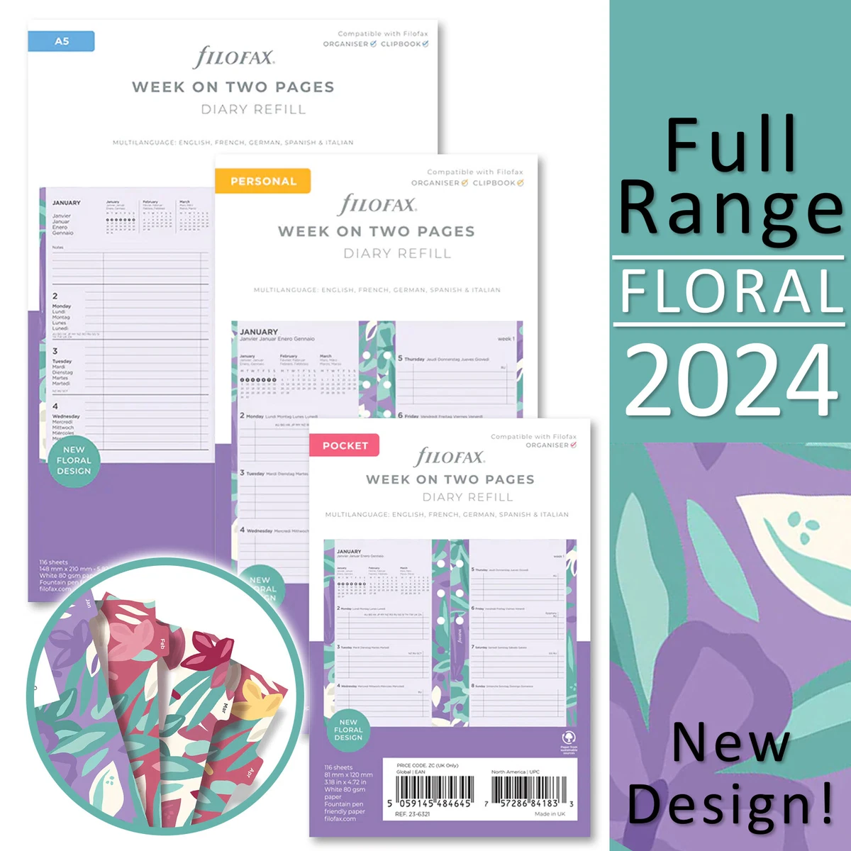 Floral Illustrated Diary Refill Pack - Pocket 2024 Multilanguage