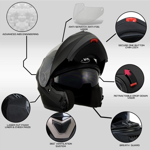 FULL FACE Modular Flip Up Front Visor Len Helmet Suit Road Bike Motorcycle - Picture 23 of 27