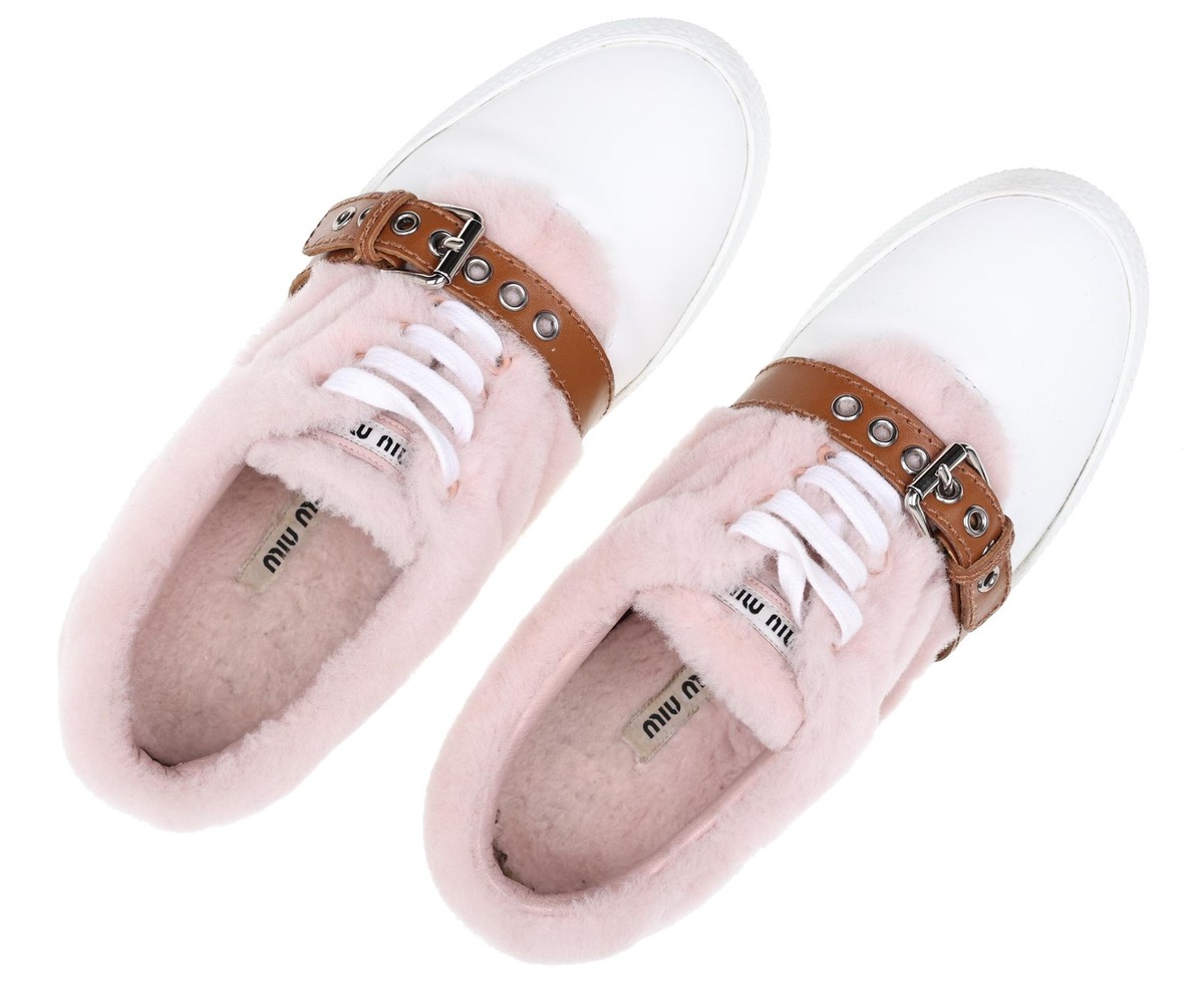 miu miu★SALE★MMV184 Miu Miu Shearling-paneled buckled leather sneakers White