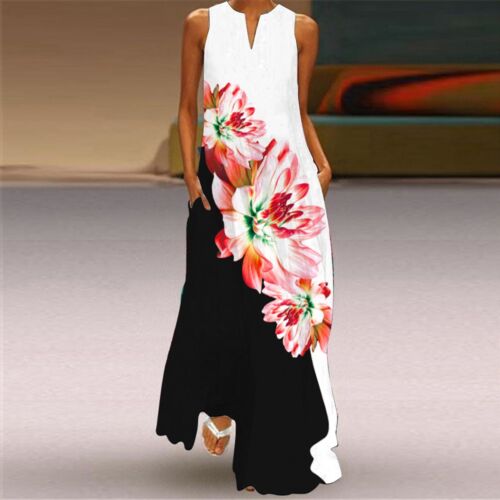 Women Summer Casual Sleeveless Print V Neck Maxi Dress Boho Beach Long Sundress - Picture 21 of 41