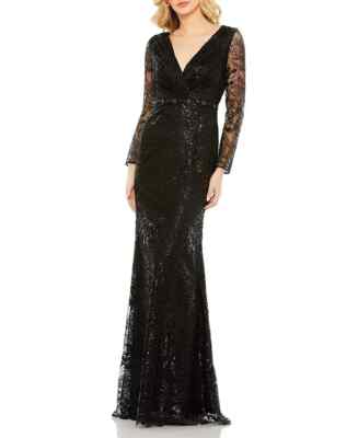 Mac Duggal Black Sequin Wrap Front Long Sleeve Sheath Gown Size 16 $498