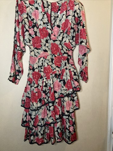 Vtg 80s Choon Black Red Floral Ad Tiered Flamenco Party Dress Size 6 Rayon - Picture 12 of 13