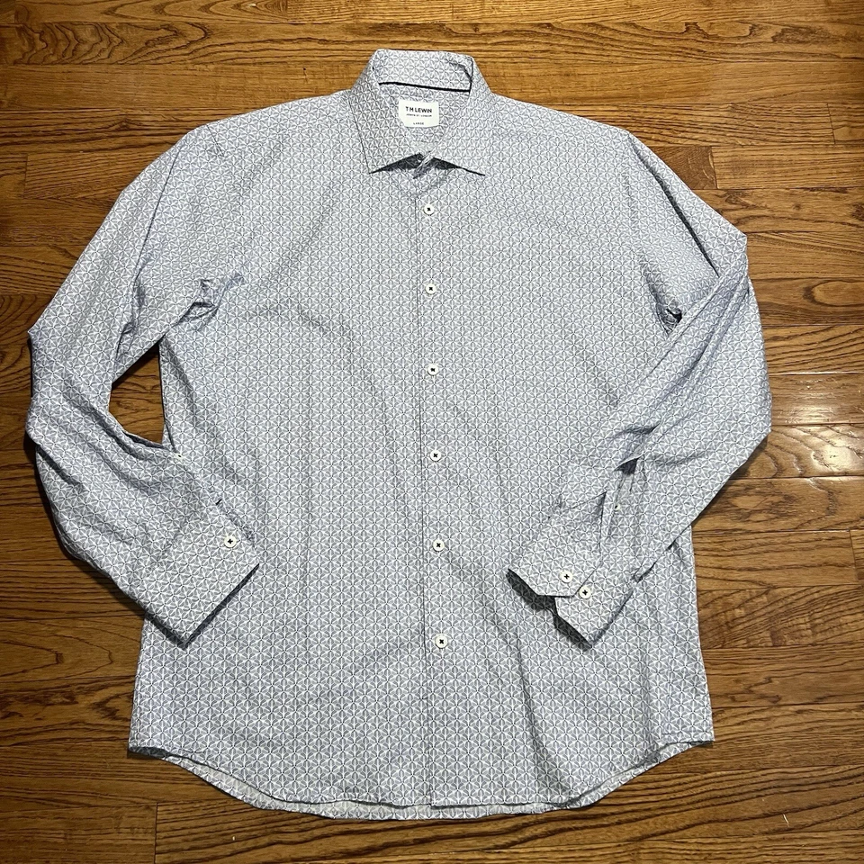 Camisa TM Lewin Para Hombres Grande Azul Blanco Geométrica Preppy Botón Frontal Algodón Prendas para el torso Foto 2 de 4