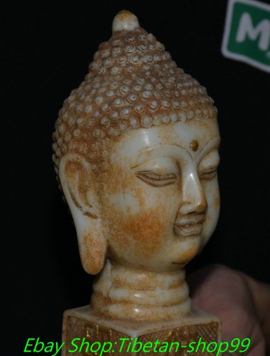 7.8'' Old White Jade Gilt Shakyamuni Sakyamuni Buddha Head Statue Sculpture - Picture 8 of 12