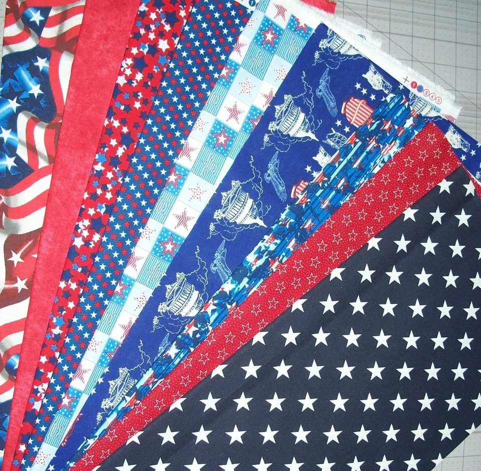 9 Patriotic Fat Quarters Bundle Fabric American Red White Blue Precut Cotton - Image 3 of 3