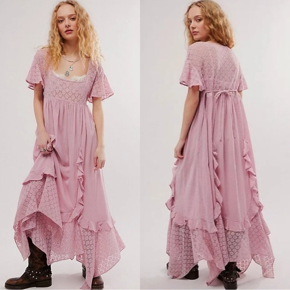 Maxi Vestido Free People Ethereal Bohemio Bring The Romance Midi Rosa Rubor Grande Foto 2 de 4