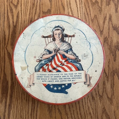 Vintage Betsy Ross Patriotic Pledge of Allegiance Collectors Tin 10 in Diameter