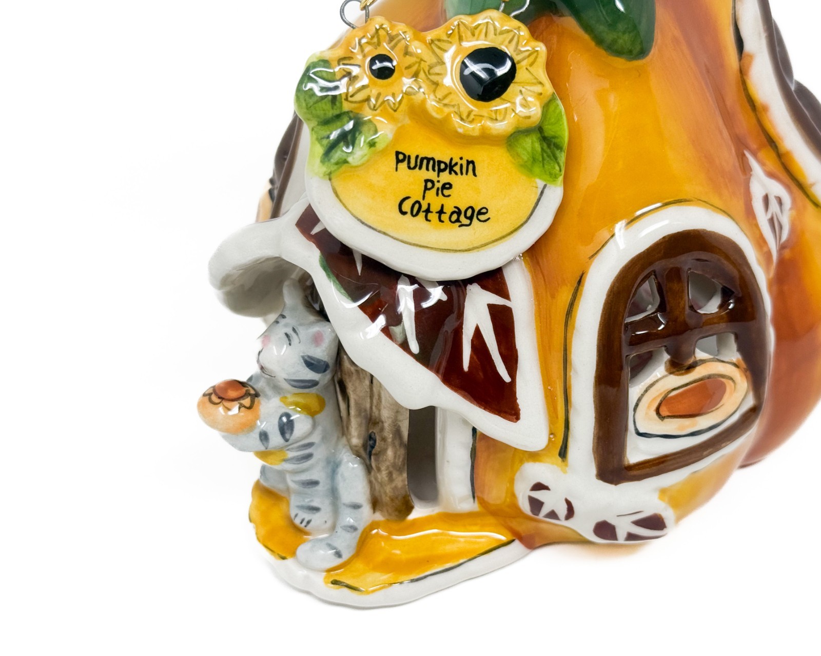 Blue Sky Clayworks Pumpkin Pie Cottage Tealight House Cat Figurine Fall Decor