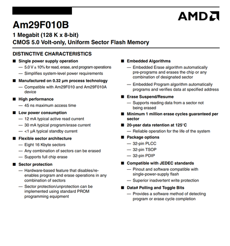 AM29F010B-90PD AM29F010B AMD 1Mbit 5V Parallel Flash Memory 128Kx8 90ns DIP-32 - Picture 2 of 4