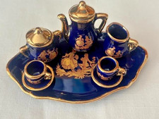 Vintage Limoge Miniature 8 Piece Tea Set Cobalt Blue/Gold Trim Excellent Cond.