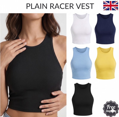 NEU DAMEN DAMEN UNI RACER WESTE TANK TOP RUNDHALS STRETCH WESTE BH CROP TOP