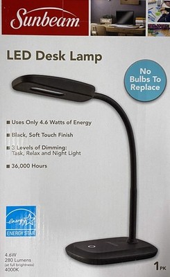 SUNBEAM LED DESK LAMP-FLEXIBLE NECK-3 DIM LEVELS-BLACK-4.6 W New In OPEN Box