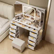 11 Drawers Vanity Desk with Foldable Mirror, Glass Top Makeup Vanity with LED Li