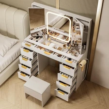 11 Drawers Vanity Desk with Foldable Mirror, Glass Top Makeup Vanity with LED Li