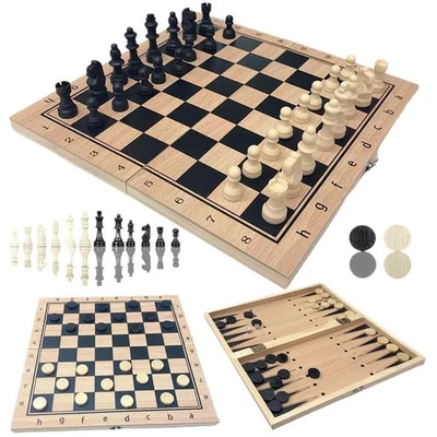Backgammon Koffer Holz, 3 in 1 Strategie Brettspiel, 24 cm mit HolzSpielstein... - Bild 1 von 4