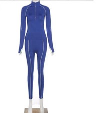 Women's Blue Zip Front Mock Neck Long Sleeve Stretch Catsuit, Skinny Leg S