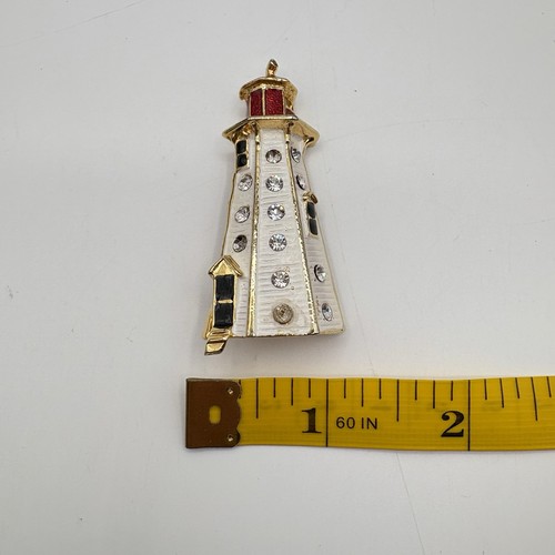Gold Tone White Rhinestone Enamel Lighthouse Red Light Pin Brooch 1980s - Picture 6 of 6