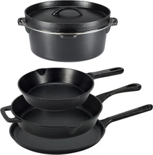 Pre-Seasoned Cast Iron 5 Pieces Kitchen Pots and Pans Cookware Set, Black, 14.17
