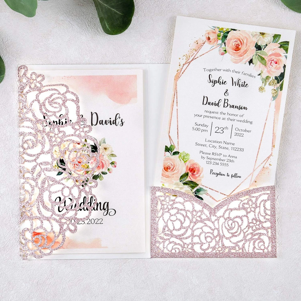 Kit de invitaciones de boda 4,7 x 7 pulgadas 50 piezas en blanco oro rosa brillo corte láser H... Foto 3 de 4