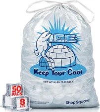 Ice Bags 8 lb with Drawstring - 50 Pack Heavy Duty Bags for Ice Machine, Reusabl