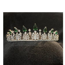 Silver and Green Tiara with Simulated Emerald Gemstones and Cubic Zirconia