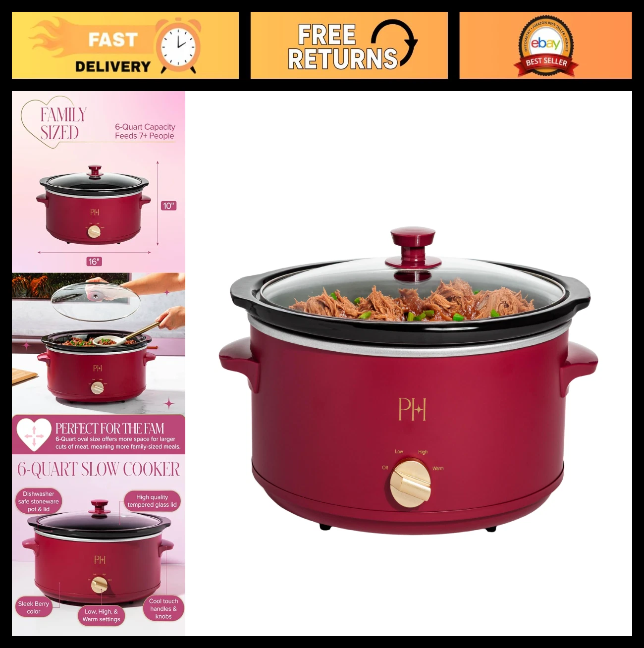 6-Quart Manual Slow Cooker - 3 Settings, Nonstick Stoneware, Family Size, Berry