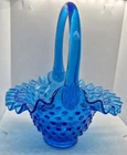Vintage Fenton Colonial Blue Hobnail Art Glass Basket Ruffled Rim Applied Handle