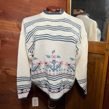 VINTAGE 90s Flower Knit Sweatshirt Size L Pullover Cottagecore Granny Pastel