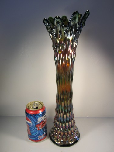 Antike grüne Fenton Carnival Glas rustikal große Vase 4 1/8" Sockel 15" hoch - Bild 2 von 9
