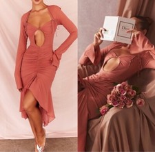 HOUSE OF CB 'Reine' Rose Real Silk Ruffle Midi Dress Size Medium NWT