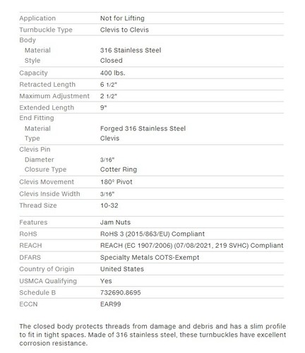 SS Turnbuckle 316 Stainless Steel TOGGLE x TOGGLE 3/16" pin size 400 pound load - Picture 5 of 5