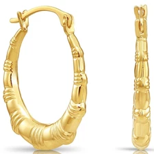 14K Real Solid Yellow Gold Dainty Puffy Curved Oval Creole Small Hoops Earrings