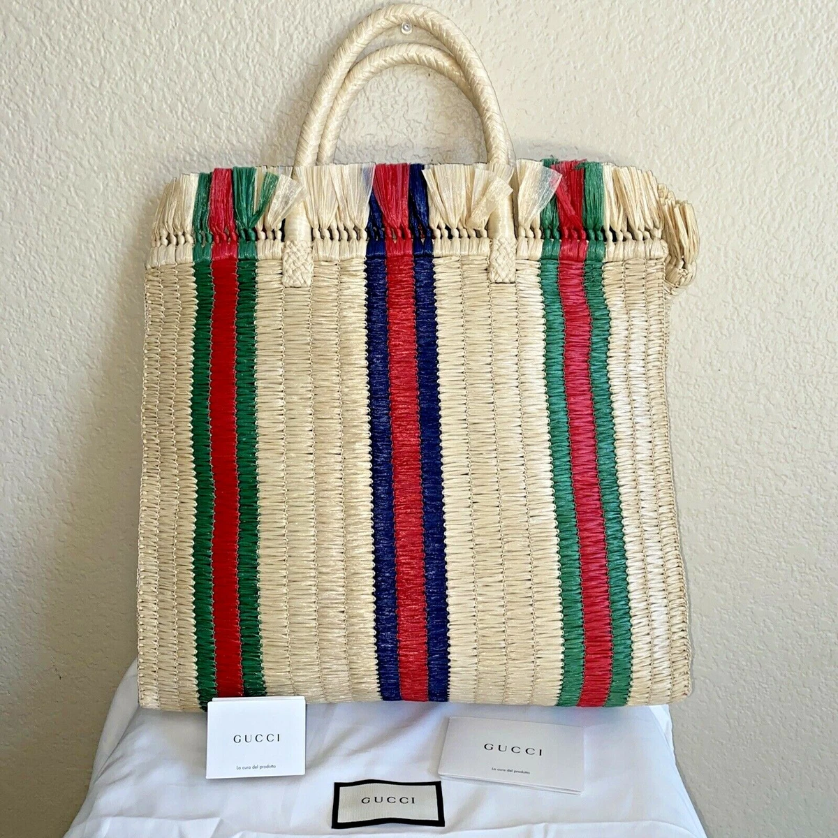 GUCCI Straw Raffia Striped Tote Bag