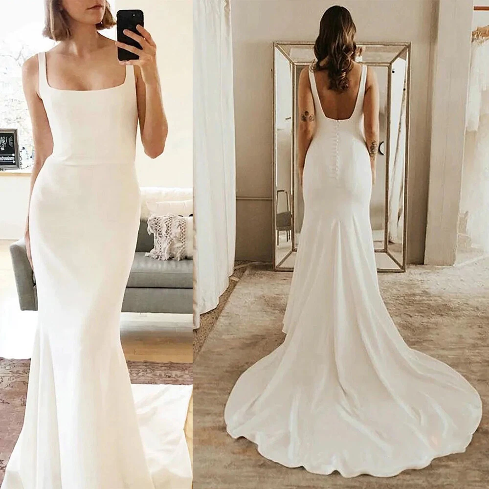 Beach Wedding Dress Simple Square Neck Sleeveless Satin Sweep Train Bridal  Gown