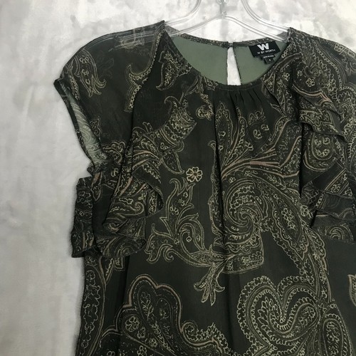 W by Worth Top Womens 4 Green Paisley Print Crew Neck Ruffle Cap Sleeve Lined - 第 3/9 張圖片