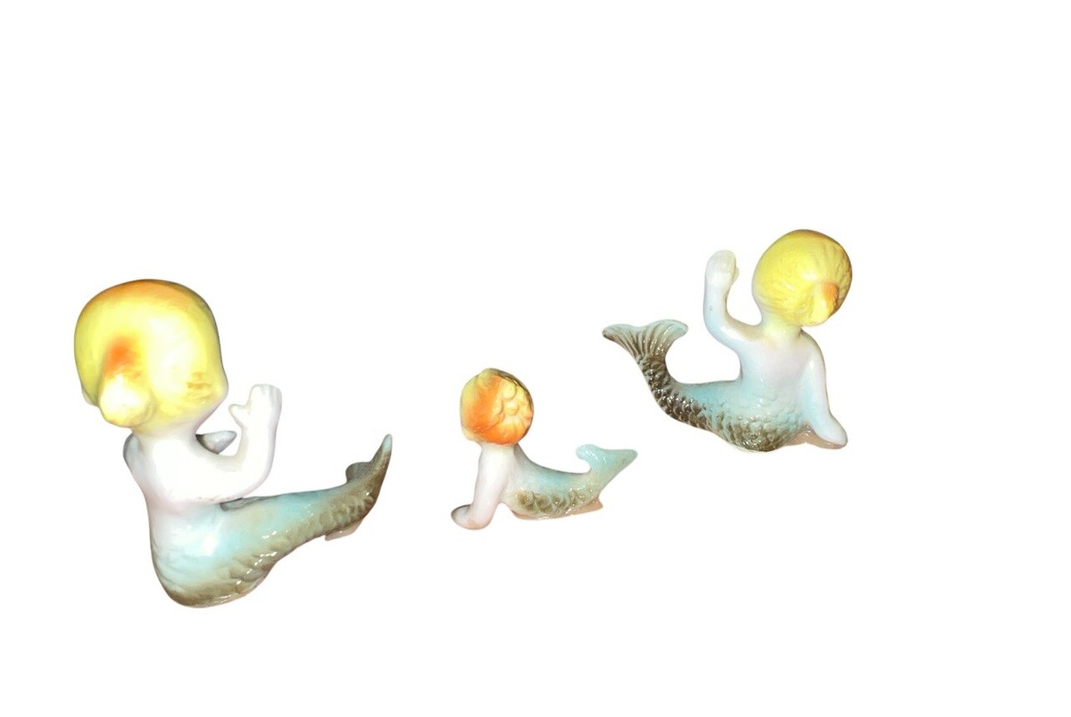 【手描き♡】ドイツ製 1920-1930年代 人魚の少女 陶器フィギュア Vintage Mermaid Bone China Kitschy Figurine Japan Set of 3