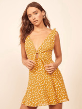 Reformation Nola Dress La Brea Tie Shoulder Yellow Floral Deep V Dress Size 6 Re