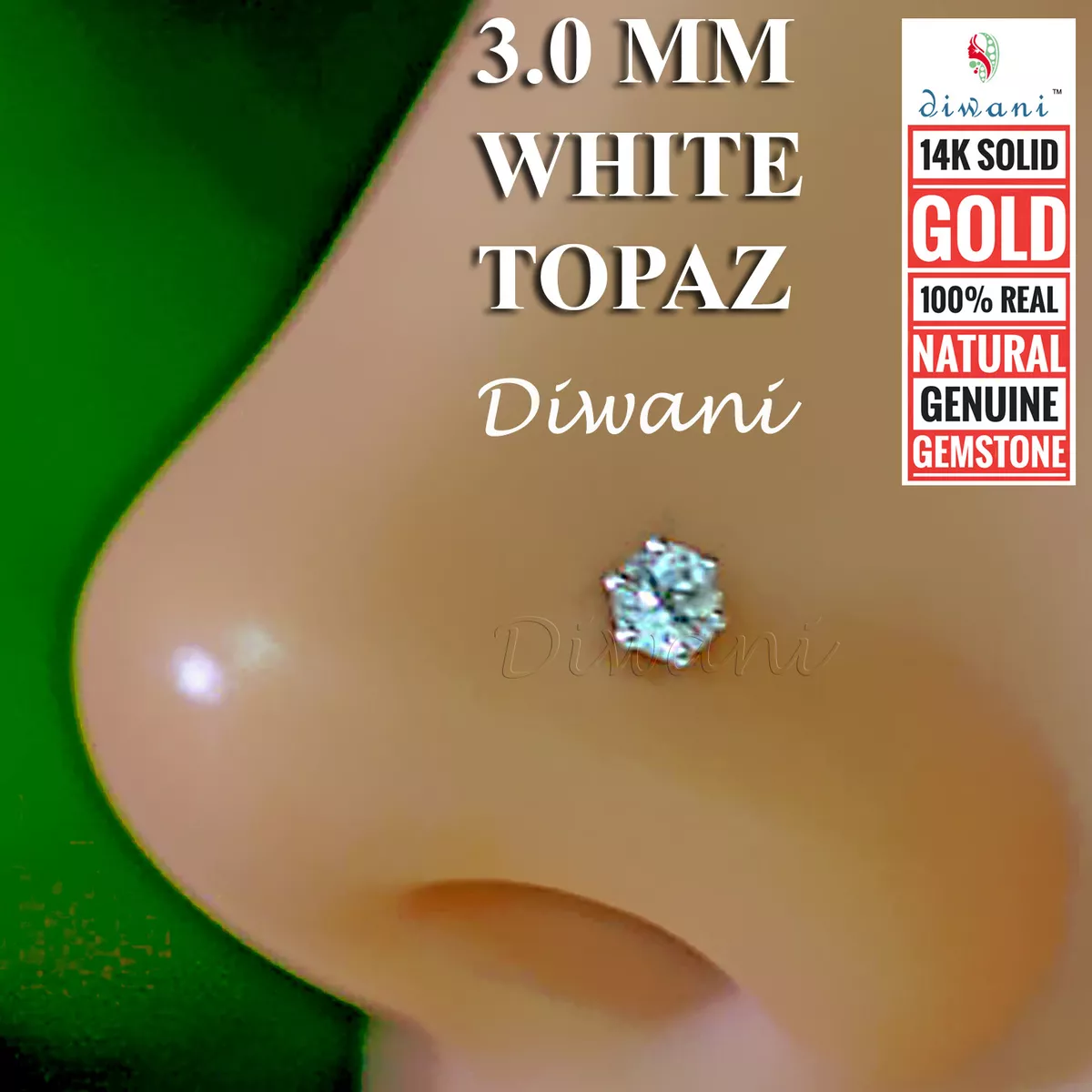 3.0mm Natural White Topaz 14k Gold Nose Lip Labret Monroe Piercing Stud Screw